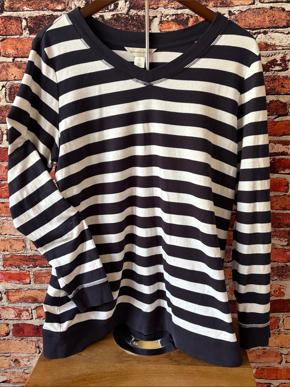 Christopher & Banks Navy Blue & White Striped V-Neck Long Sleeve Soft Top XL